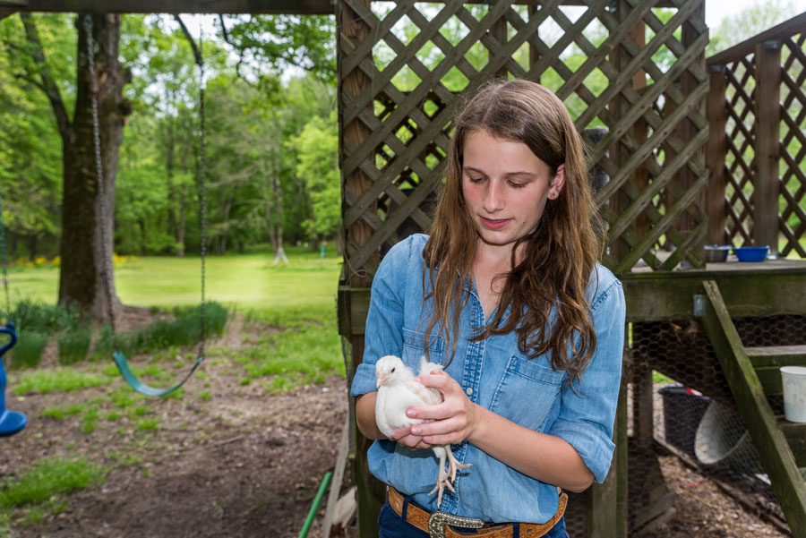 A girl wearing denim looks at the chick she’s holding.