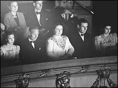 Royal family at theatre, L-R Princess Margaret, King George VI, Queen Elizabeth, Gp Capt Townsend, Princess Elizabeth 