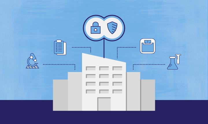 white illustrations of a bulding connected to a telescope, a clipboard with a checklist, a lock and a sheild, a scale, and test tubes over a split light and dark blue background