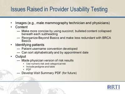 Issues Raised in Provider Usability Testing