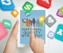 Someone using a mobile device to tap on the National Quality Strategy logo to share content