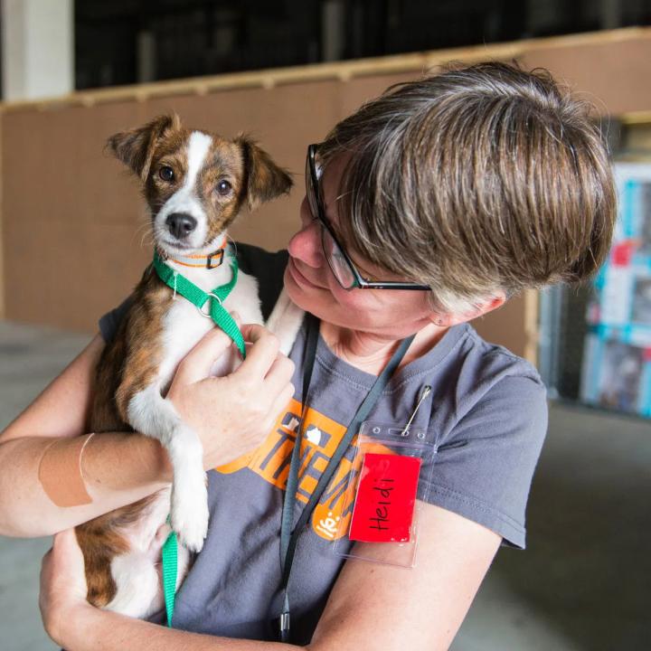 Person wearing a Best Friends T-shirt holding a small dog or puppy