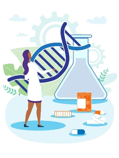 A cartoon of a researcher holding a DNA double helix and standing in front of a life-sized chemistry flask, a large prescription pill bottle, and pills on the ground.