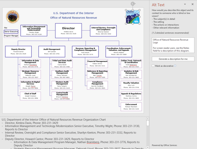 Screenshot of final PowerPoint file. ONRR logo is highlighted and shows alt text that says: 