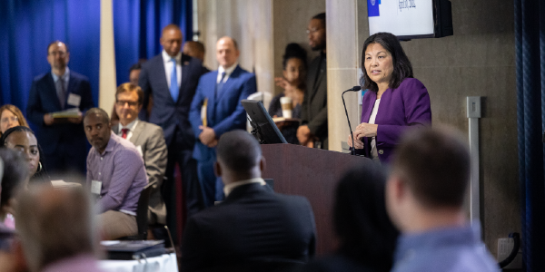 Acting Secretary Julie Su provides opening remarks at the UI Transformation Convening at the Frances Perkins Building on April 10, 2024.