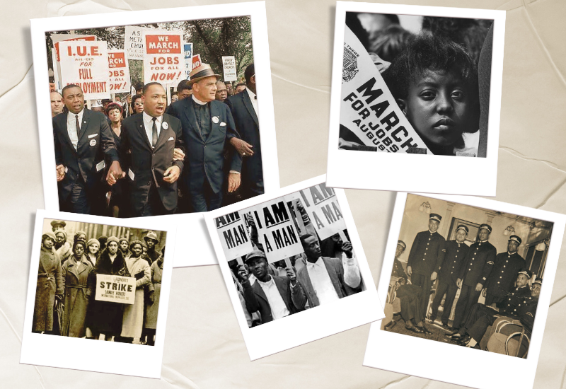 A collage of historical photos featuring Black workers, some of whom are participating in protests for better working conditions, and Dr. Martin Luther King marching with other civil rights leaders.