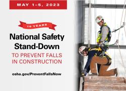 Photo of two construction workers using fall protection, including harnesses and helmets. The text is "May 1-5. 10 years. National Safety Stand-Down to Prevent Falls in Construction. osha.gov/PreventFallsNow