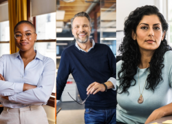   Collage shows four professionals in business casual clothing.