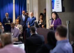 Acting Secretary Julie Su provides opening remarks at the UI Transformation Convening at the Frances Perkins Building on April 10, 2024.