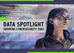 "Data spotlight: Growing Cybersecurity Jobs" and a female IT worker holding a laptop