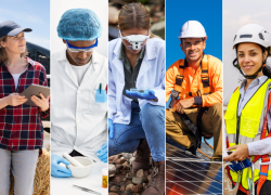 Five diverse workers representing different occupations related to science and clean energy.