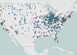 A map of the United States that shows 2,465 high road training programs, represented by blue and orange dots. There are dots in every state and territory in the United States. 