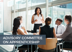 Image of a sunny office with six employees gathered around a table, listening to a woman speak. Text on the bottom: National Advisory Committee on Apprenticeship 