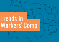 A map of the United States with the text "Trends in Workers' Comp"