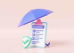 A clipboard with a checklist titled INSURANCE sitting under a purple umbrella with a green checkmark badge placed in front of it.