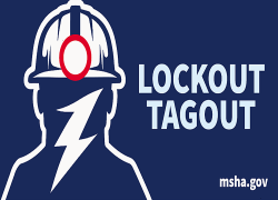 Blue graphic of an outline of a mine worker, with the text "Lockout Tagout, MSHA.gov"