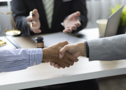 Two people shake hands while seated at a table. A mediator is visible behind them.