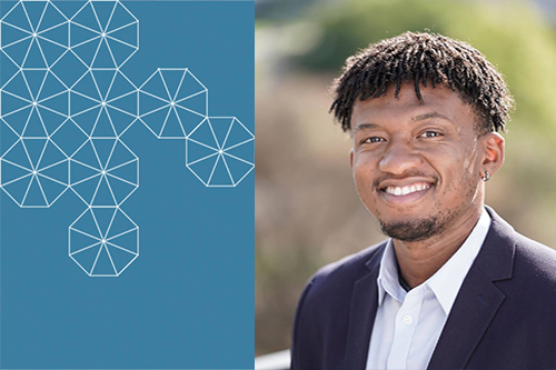 A headshot of Christian White with a light blue tessellation on the left side. (Photo Credit: Pooja Nerkar)