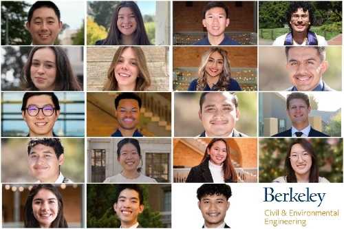 A photo collage of ASCE Spring Banquet awardees (in clockwise order from top left: James Zou, Rachel Castro-Garcia, Michael Yamaguchi, Osvaldo Castillo, Emma Le Coz, Elisa Woodham, Gabriela Espinoza Perez, Emanuel Arevalo Porras, Ivan Yan, Jordan Wolf, Everardo Solis, Nuri Capanoglu, Jared Bautista, Clara Rong, Abigail Malakun, Robin Kim, Miranda Majure, Dylan Tay, and Carlo Chavez Bernas, with Berkeley CEE logo in two-tone colors on the bottom right-hand corner). (Photo Credit: Pooja Nerkar)