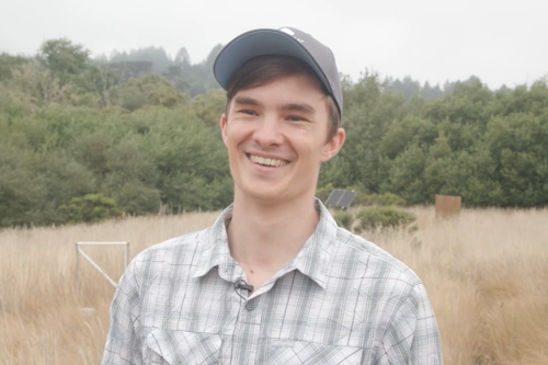 A photo of CEE Ph.D. student Paul Seibert smiling during his interview for ABC7 News in Point Reyes (Photo Credit: ABC7 News). 