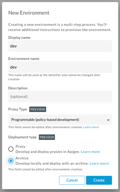 New Environment dialog.