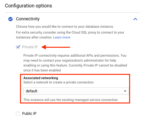 the Cloud SQL instance is associated with the default VPC
network.