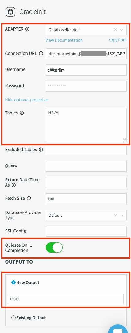 Striim Database Reader Adapter properties.