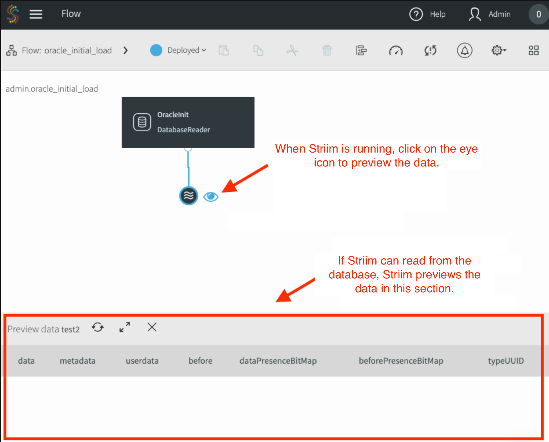 real-time display of source data in the Striim interface.