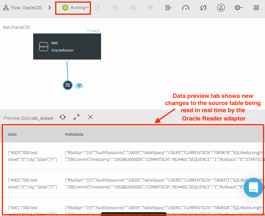 The Data Preview tab shows new changes to the source table in real time.