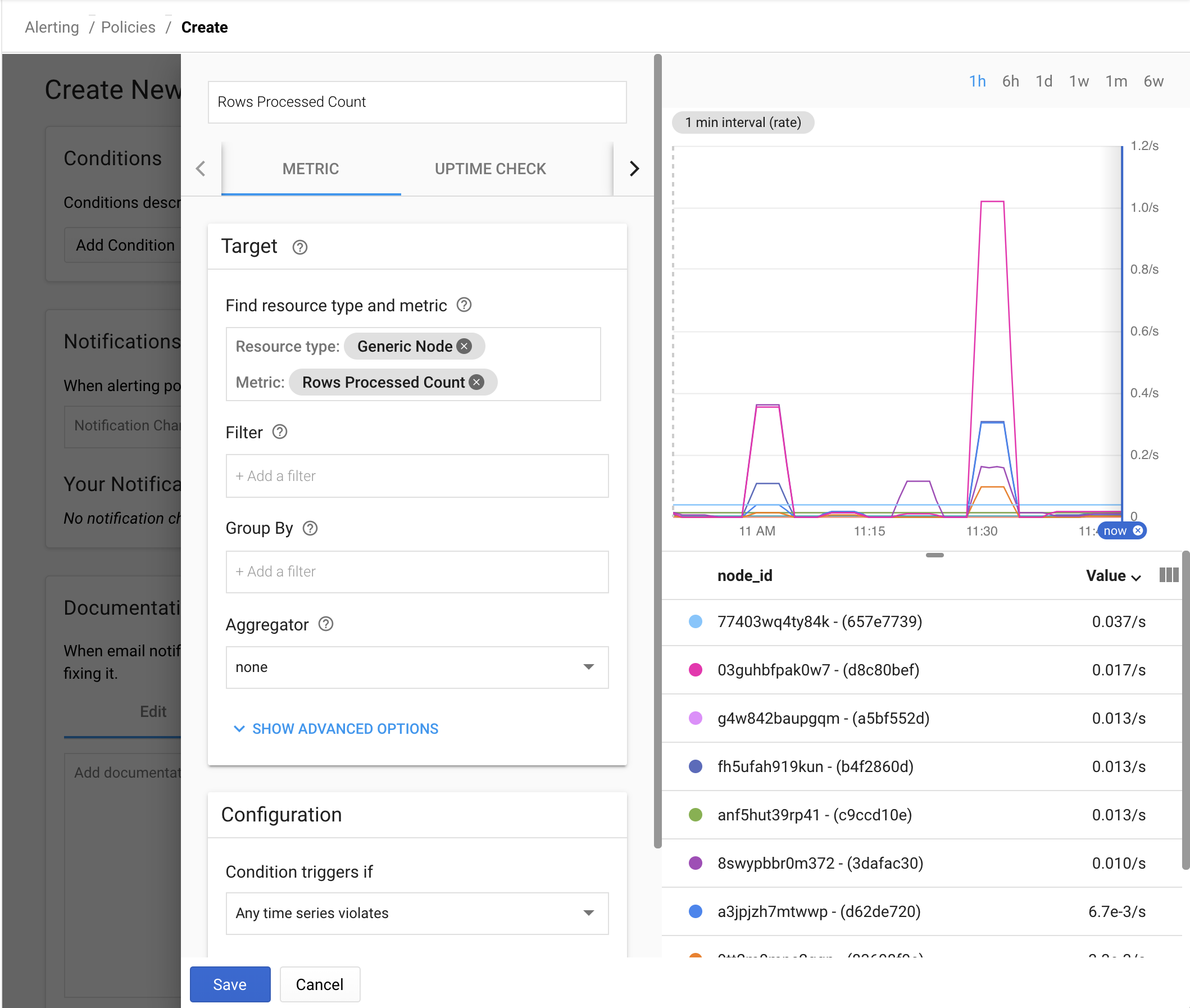 Configuration screen of building an alert based on triggers.