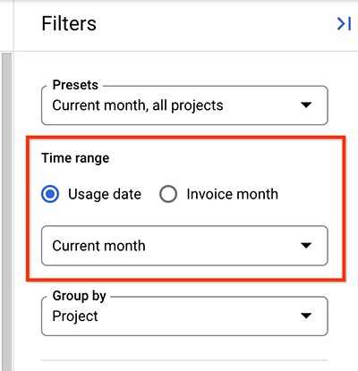 The report's time range setting in the filters panel.