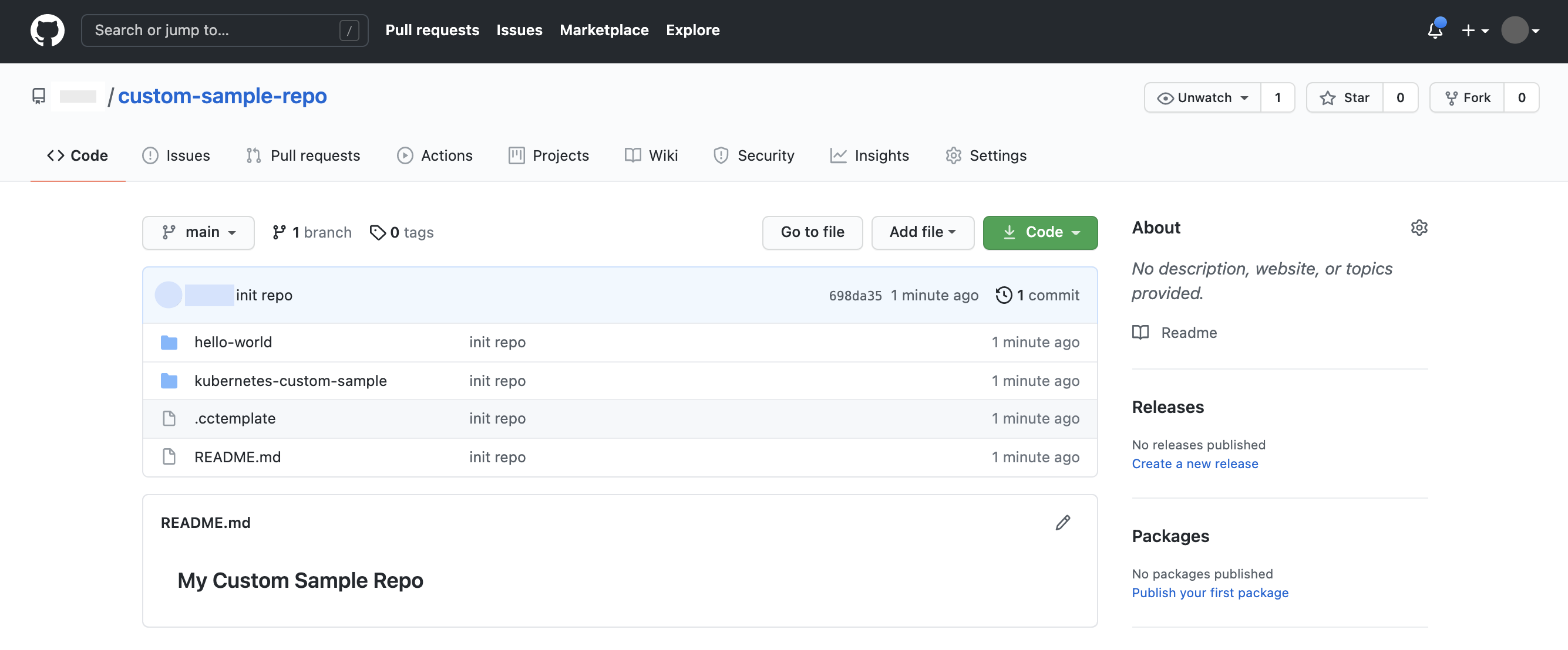 'custom-sample-repo' with two underlying sample directories, 'hello-world' and 'kubernetes-custom-sample'