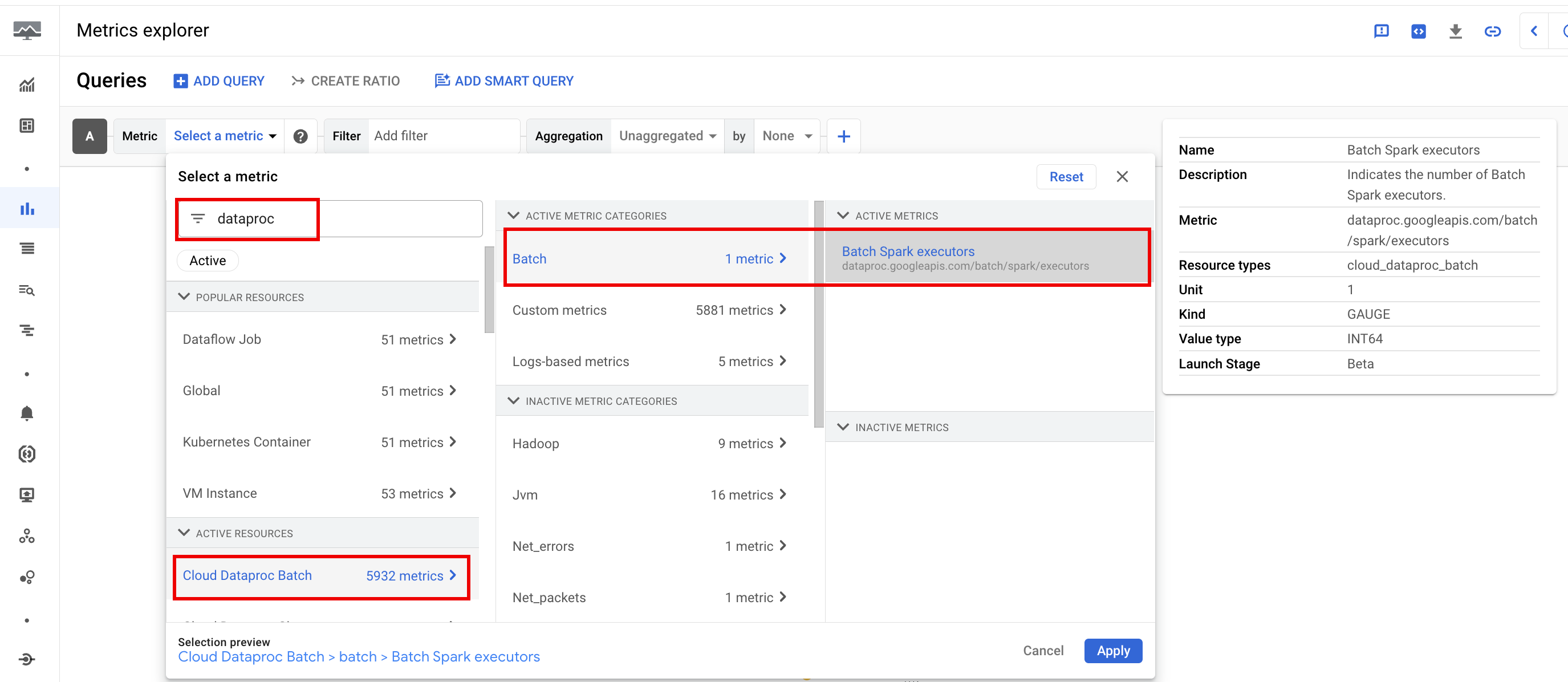 Batch metric example in Metrics Explorer.