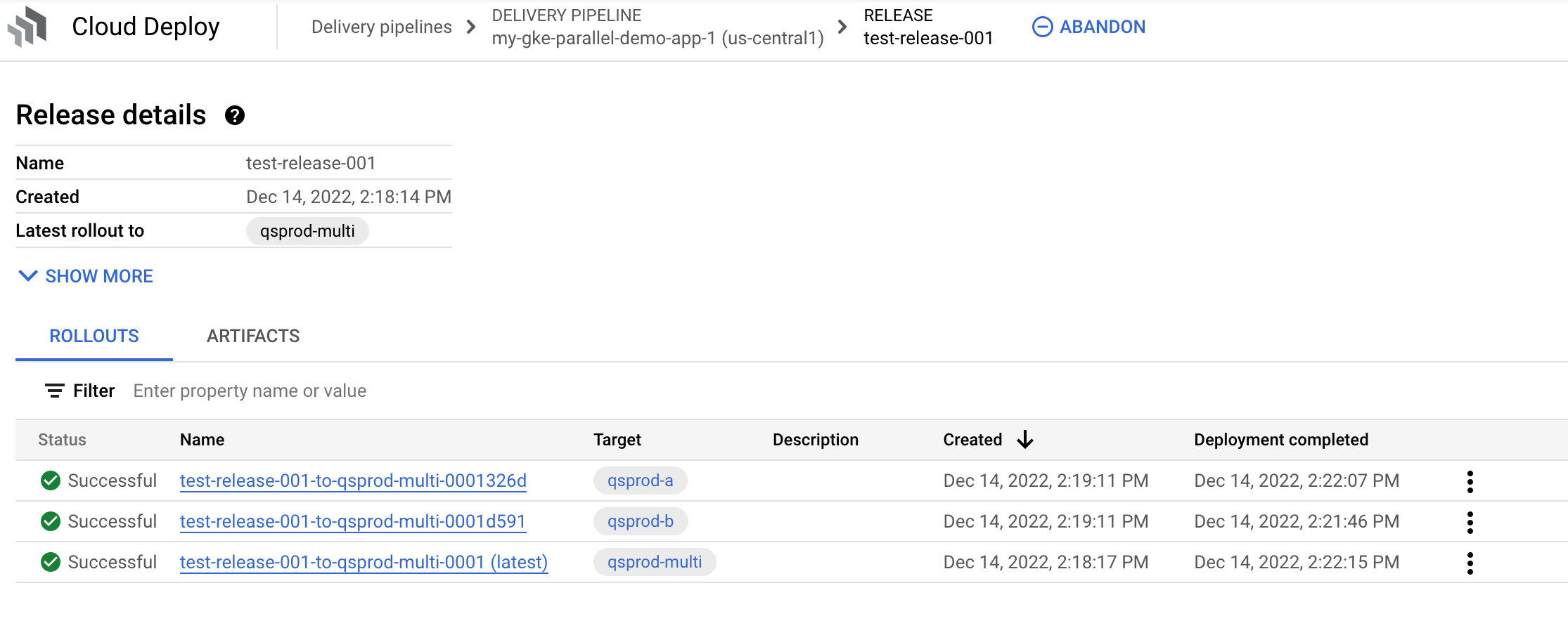 rollouts in Google Cloud console