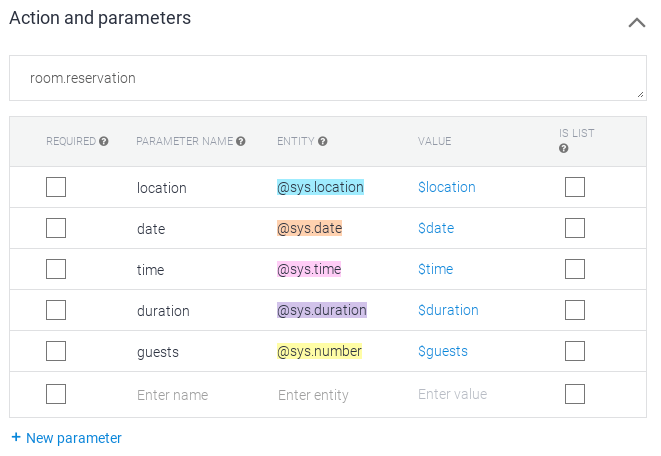 Screenshot of action and parameters fields