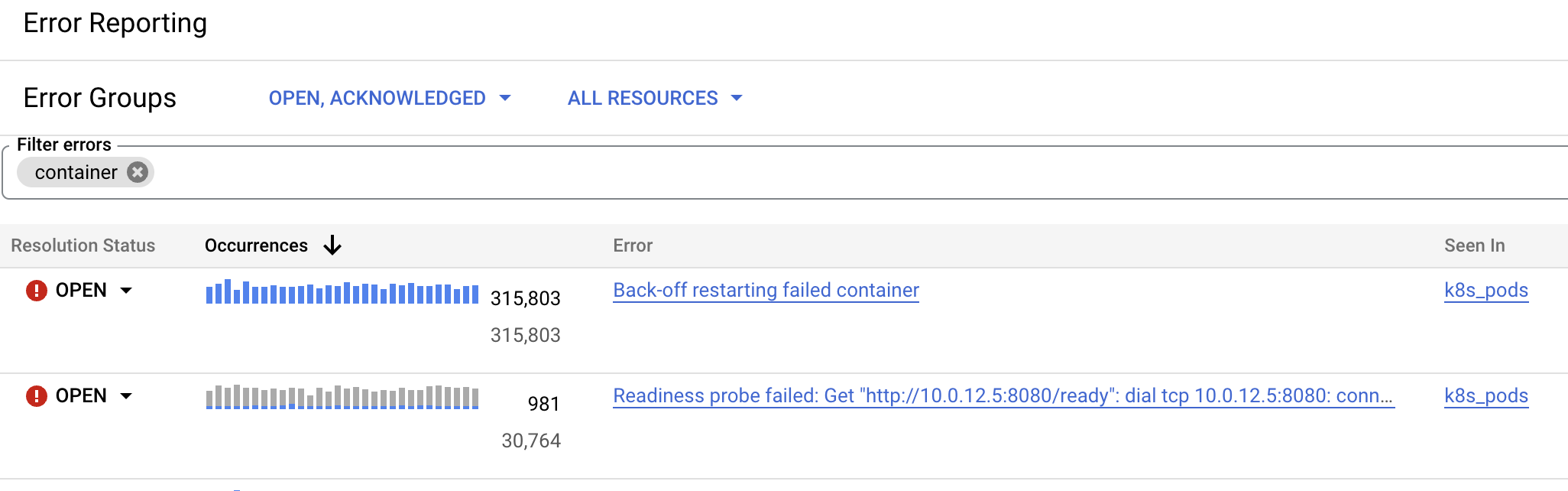 The user interface showing filtered error list.