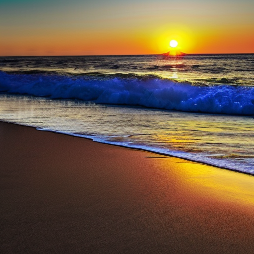 A beach at sunset. Image generated by Stable Diffusion.
