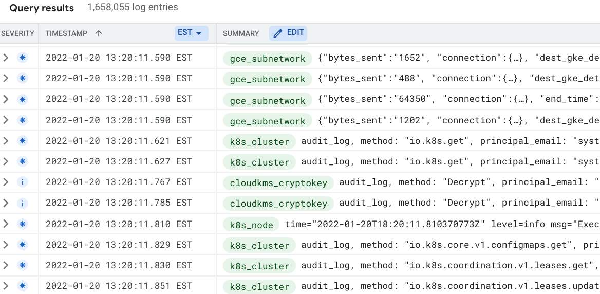 The Logs Explorer is showing logs that are preceded with green text displaying
resource types.