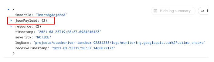 Only jsonPayload field shown.