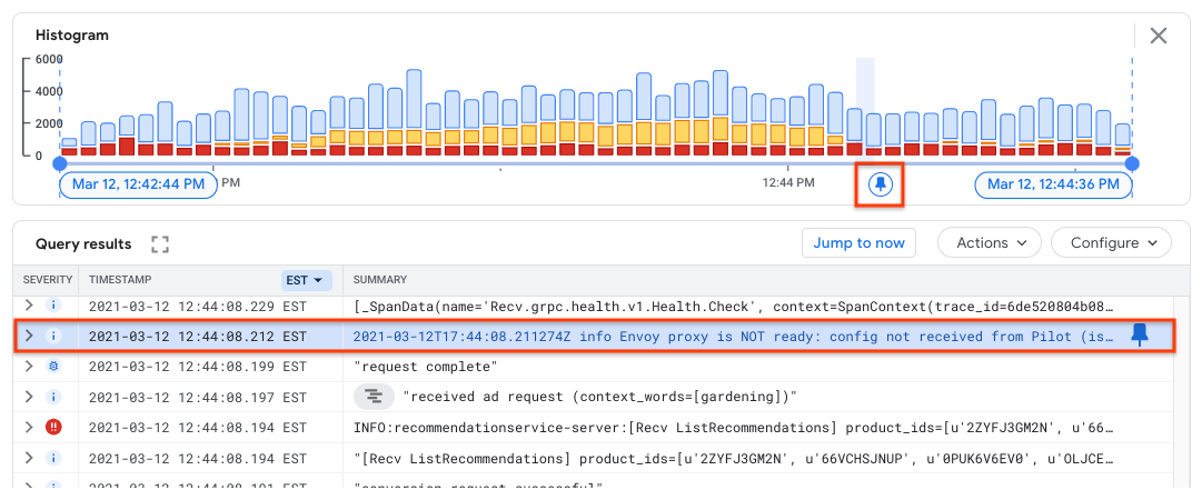 Logs Explorer shows a pinned log entry in the Query results and Histogram pane.