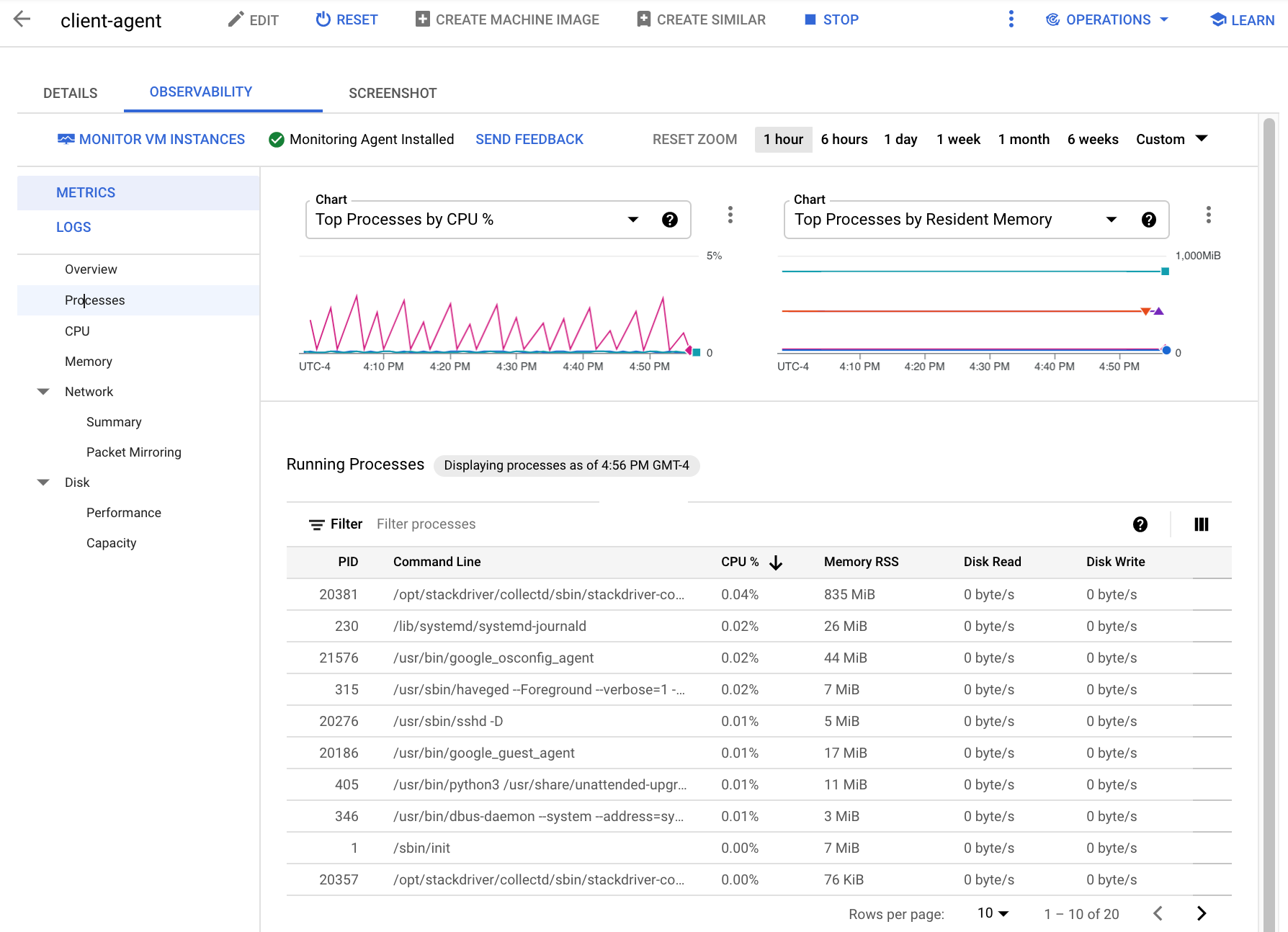 The **Processes** page in Compute Engine shows per-VM process
metrics.