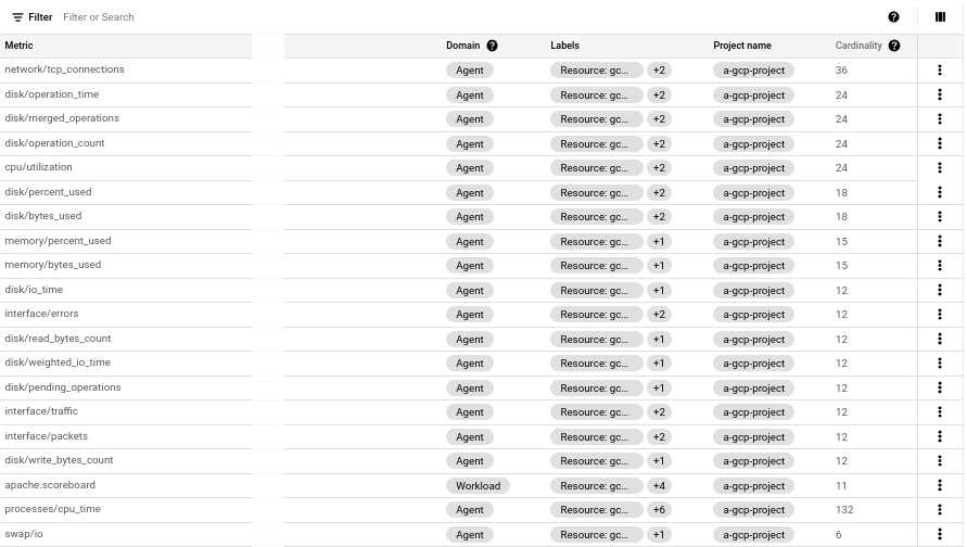 The metrics table reports the metric domain, labels, project ID, and cardinality for metrics in your metrics scope.