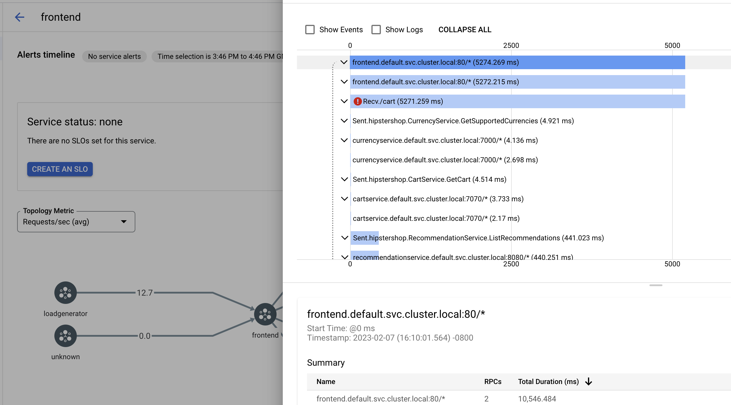 Cloud Service Mesh trace sub-panel