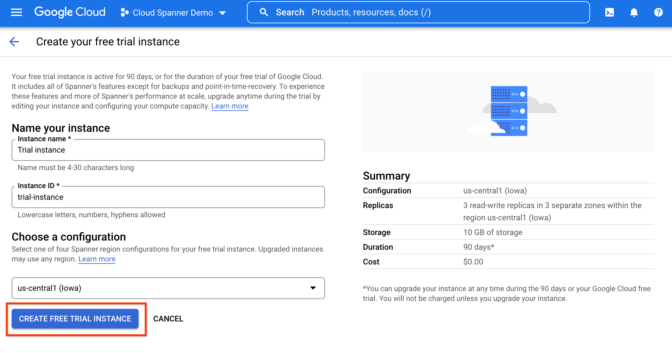 Screenshot of the Create a free trial instance page, highlighting Create free trial instance.