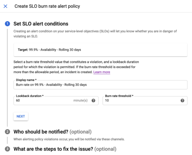 Pre-populated values in an SLO-based alert condition.