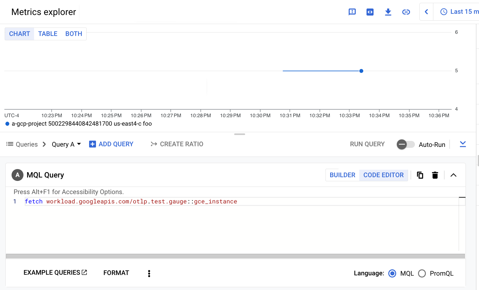 MQL Metrics Explorer chart for the OTLP gauge metric ingested by using the Monitoring API.