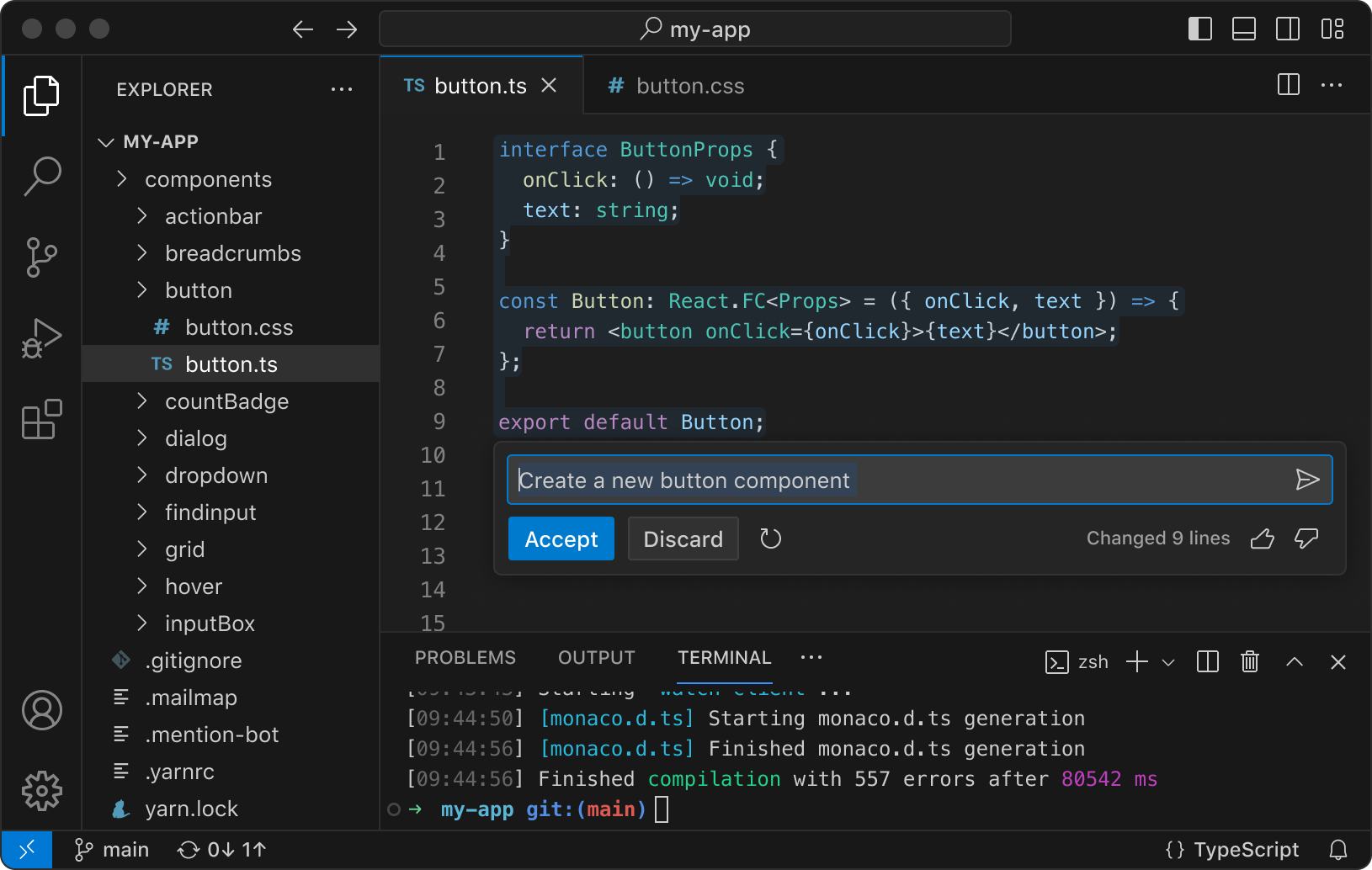 Visual Studio Code in action with AI-powered suggestions from GitHub Copilot, built-in terminal and powerful extensions for all languages and tools