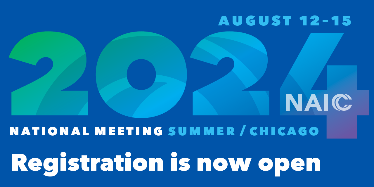Multi-colored 2024 on a blue background advertising the NAIC opening registration for the 2024 hybrid Summer National Meeting in Chicago, Illinois.  The meeting takes place Aug. 12-15.