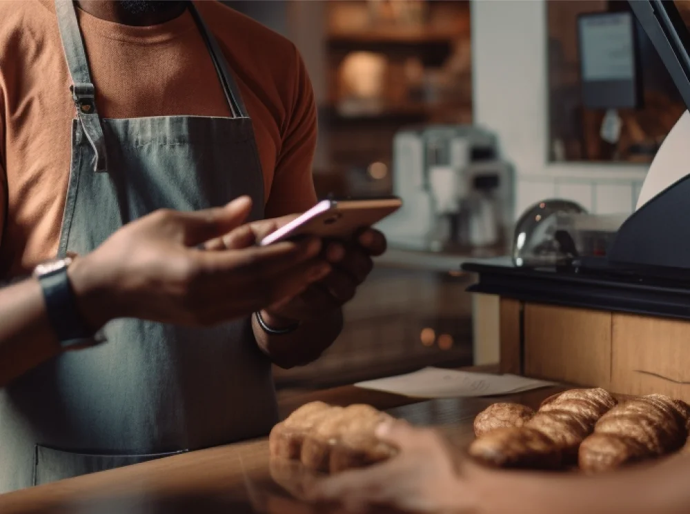 Image: Real-life scenario of two individuals using Crypto.com Pay. One person on the right is making a payment using their phone, while a bakery staff member on the left awaits the completion of the transaction.