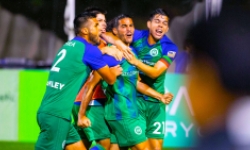 Hartford Athletic soccer team celebrating a goal